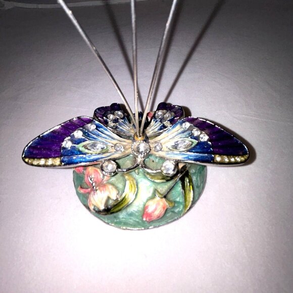 Enamel Butterfly Desk Card Photo Note Memo 8" Holder Floral Cloisonne Brass - Picture 6 of 7